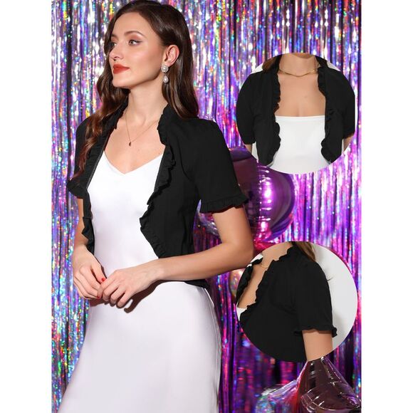 Bolero Shrugs Ruffle Short Sleeve Shrugs Black - Picture 2 of 6